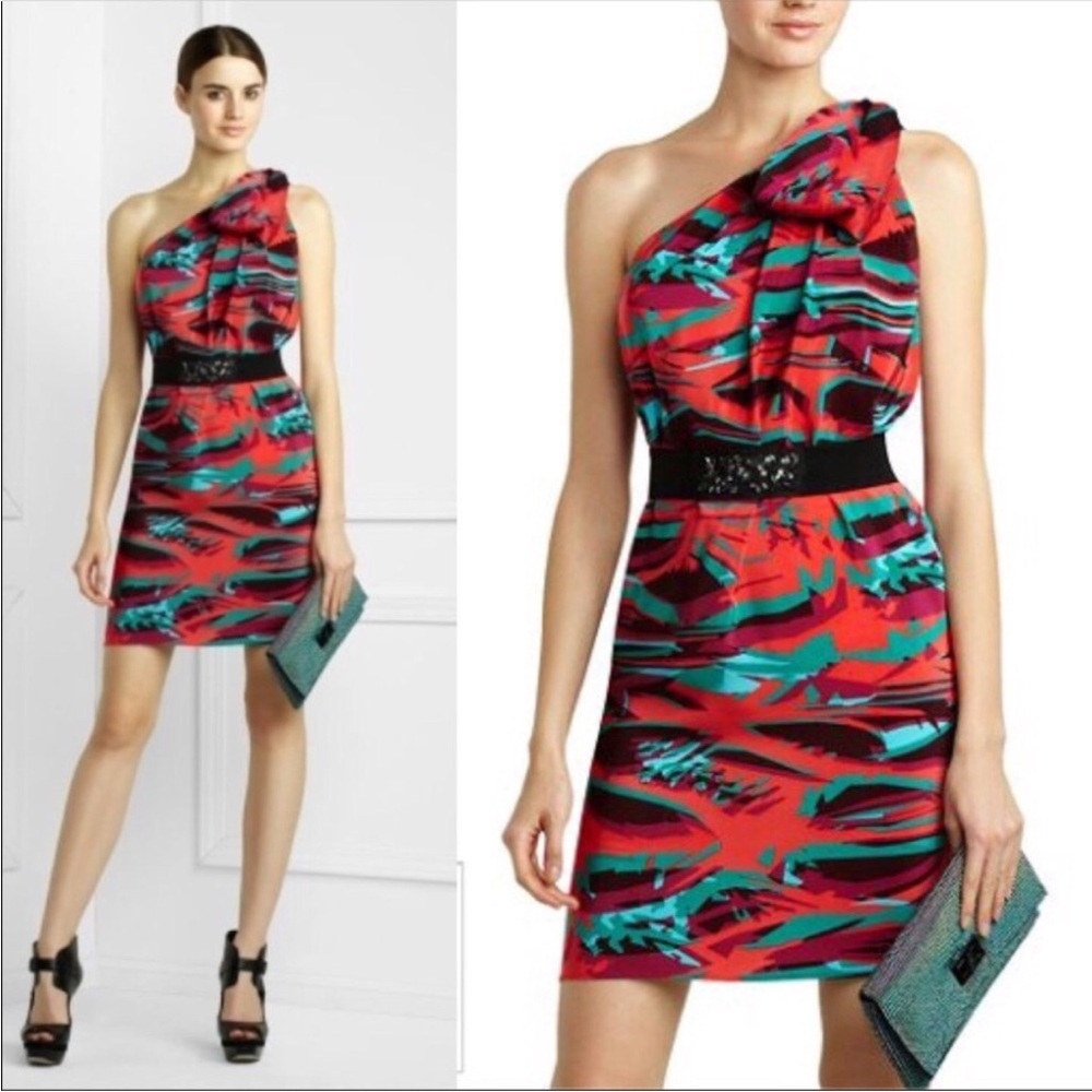 “BCBGMAXAZRIA” Coral Passion Abstract Tropical One-Shoulder Dress